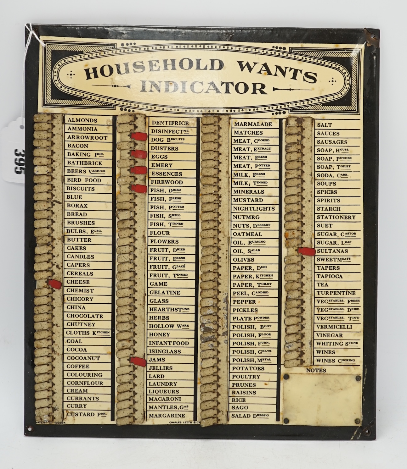 An early 20th century Charles Letts & Co. 'Household Wants Indicator” board, 33cm high. Condition - poor to fair